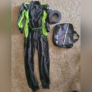 Fire retardant racing suit with neck brace and bag
